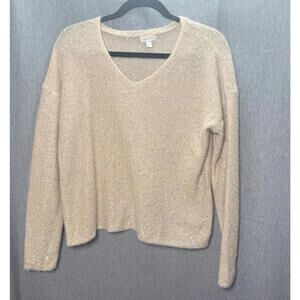 Garnet Hill Women's S - Gold‎ Sequined V-Neck Sweater Holidays Sparkle Classic